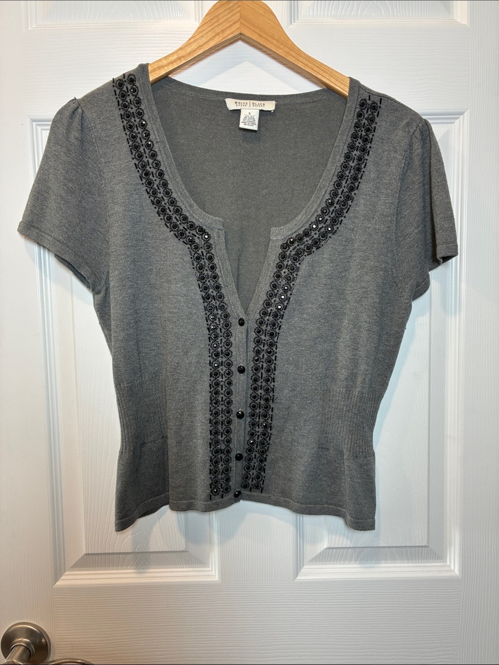White House Black Market Silk Gray Short-Sleeve Embellished Knit Cardigan